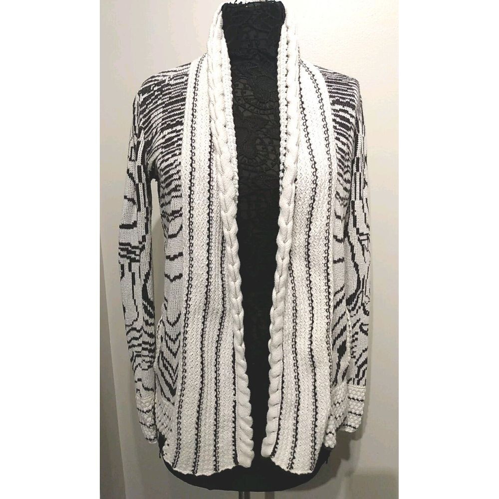 Ecote Women Ivory Black Swirl Open Front Shawl Cardigan Sweater Size‎ S